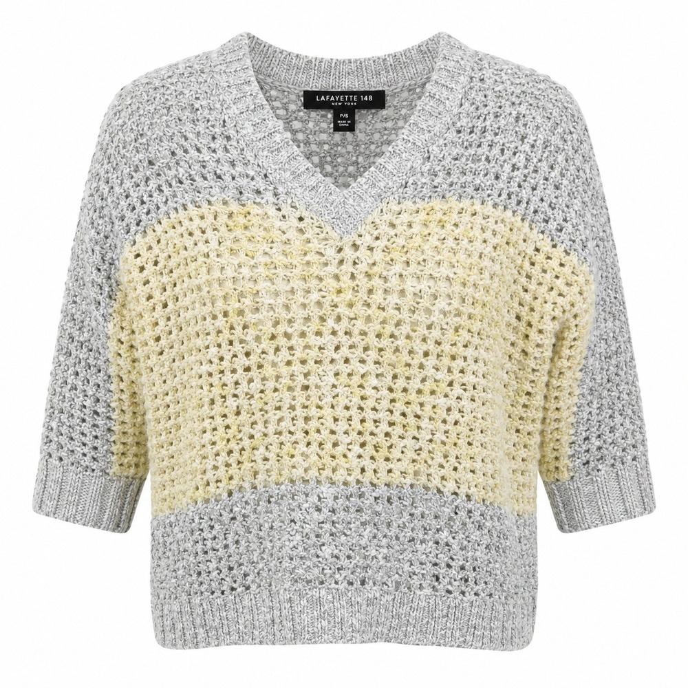 Lafayette‎ 148 Womens S Loose Crochet Colorblock Knit Crop Top Short Sleeve